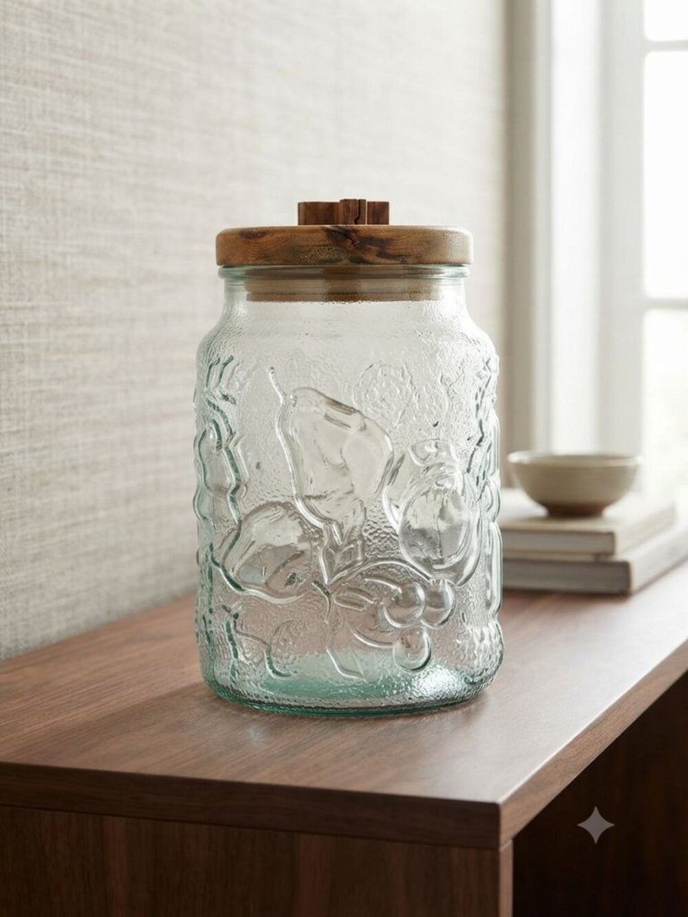 Vintage Libbey Glass Orchard Fruit Canister Jar Wooden Deer Stag Lid Storage